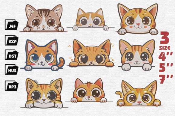 Set of 9 Cute Cat Peeking Embroidery